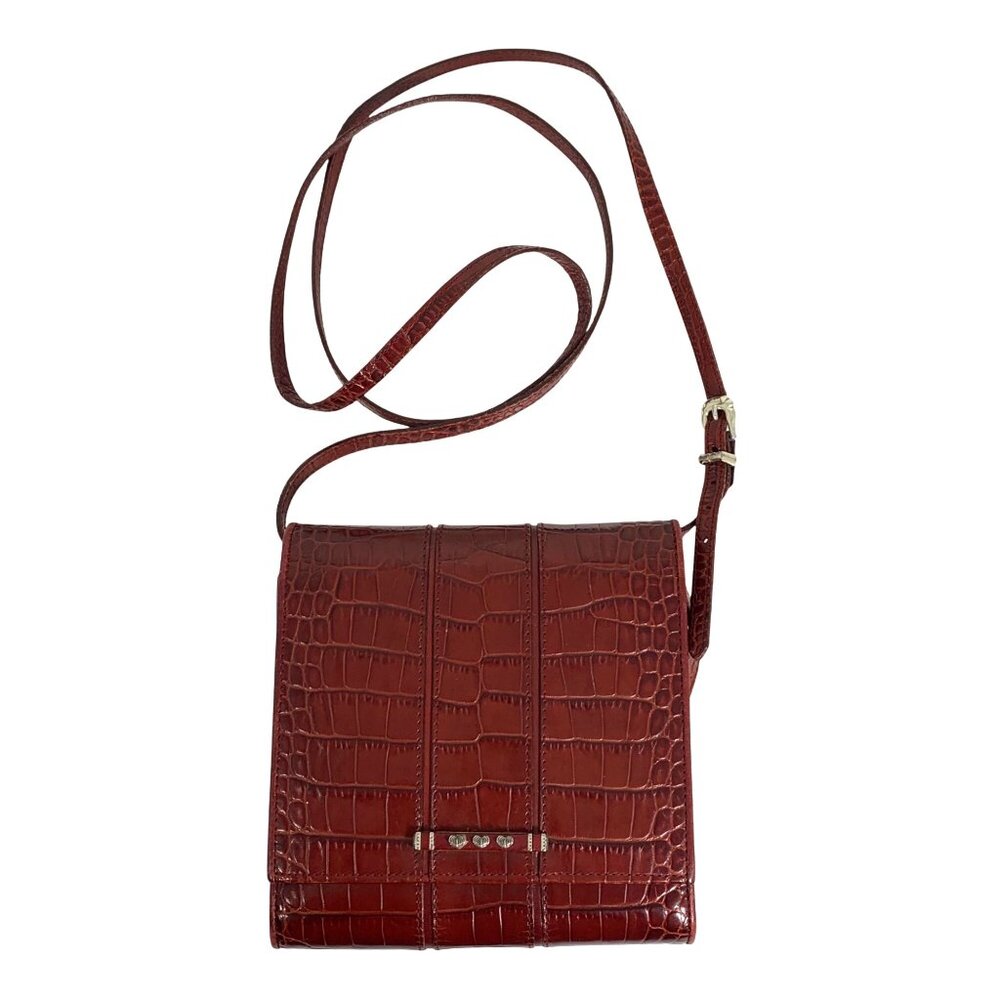 Brighton Oxblood Embossed Croc Leather Organizer Trifold Crossbody Bag EUC